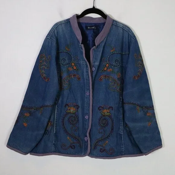 Vintage Denim Co Chore Jacket Womens XL Embroidered Paisley Boho Oversized Coat - Picture 1 of 6